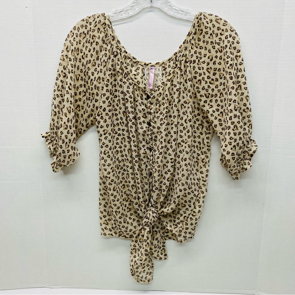 Mauve Brand Animal Print Top Medium Button Tie Front Sheer Romantic Dainty READ